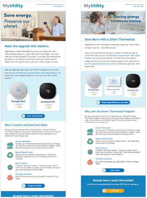 Example of segmented emails for utility smart home campaign