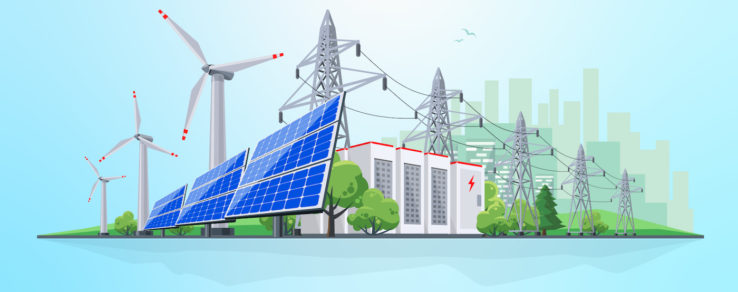 Illustration of electric power plants and renewable energy