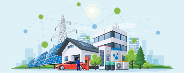 A neighborhood and renewable energy sources are connected by microgrids