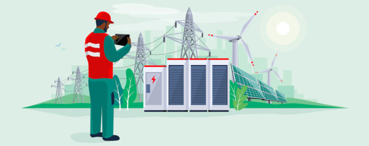 Illustration of utility worker looking at renewable energy in the Biden era