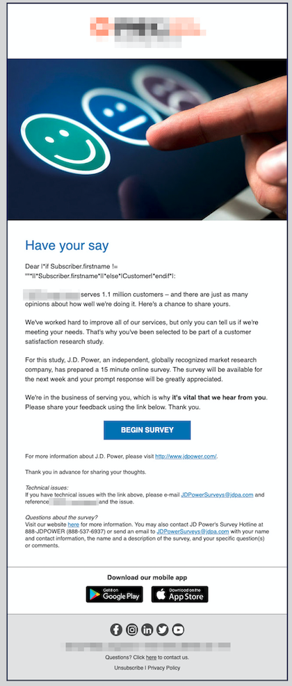 Behavioral email example of utility sending customer satisfaction survey