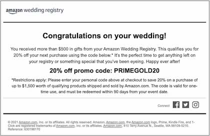 Example of behavioral email from Amazon wedding registry