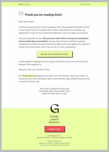 Behavioral email example from Grist magazine