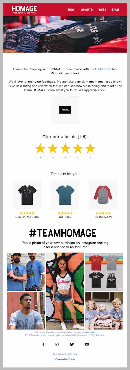 Example of behavioral email from Homage clothing retailer