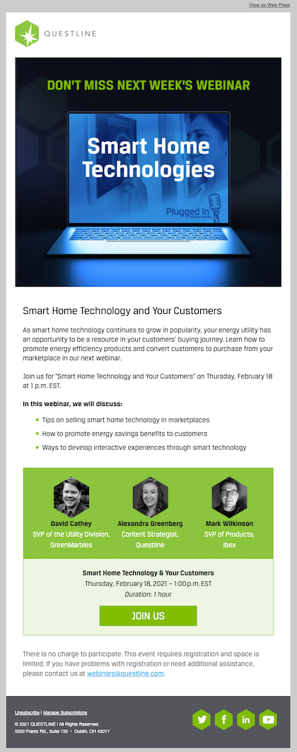 Behavioral email example of Questline webinar promotion