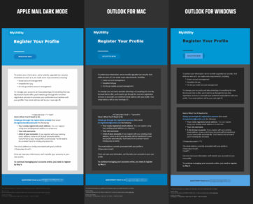 Example of dark mode email testing for different clients
