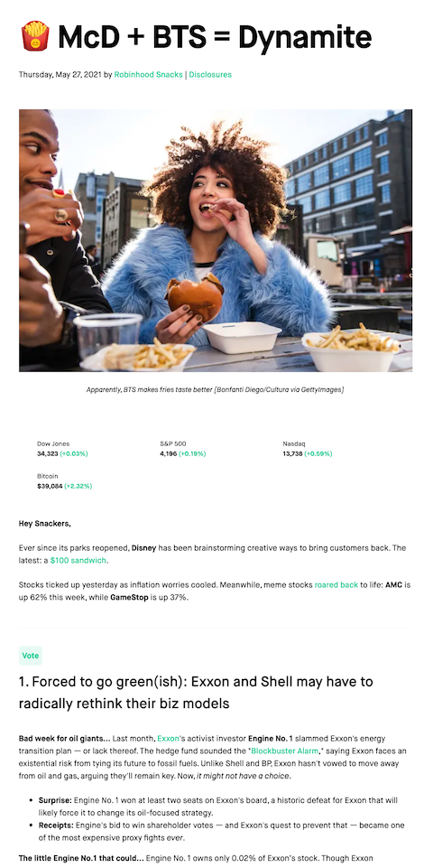 Example of best eNewsletters from Robinhood