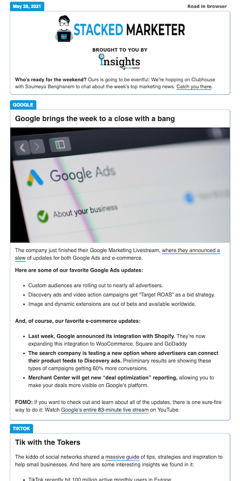 Example of best eNewsletters from Stacked Marketer