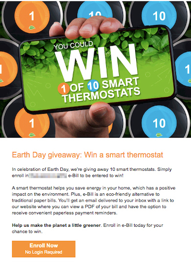 Example of e-bill campaign email with Earth Day theme for energy utility