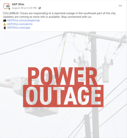 Example of outage communications on social media