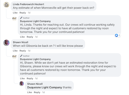 Example of outage communications on social media