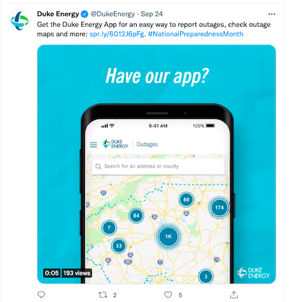 Example of outage communications social post to improve utility customer satisfaction