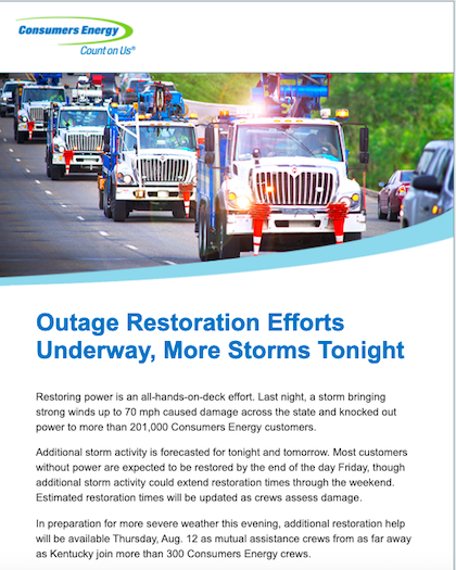 Example of outage communications email to improve utility customer satisfaction