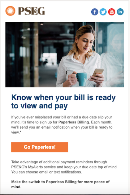 Example of email encouraging customers to go paperless with payment reminder