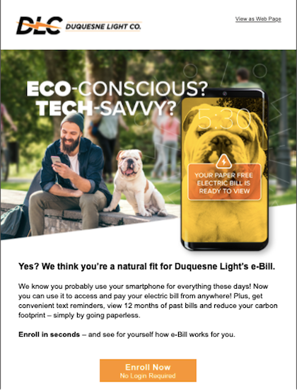 Example of email encouraging customers to go paperless with environmental message