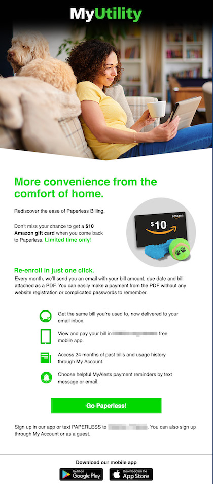 Example of Paperless Billing Incentives with Amazon Gift Card