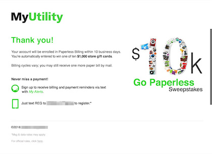Example of Paperless Billing Incentives sweepstakes entry message