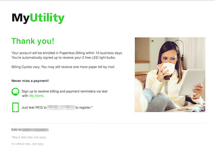 Example of Paperless Billing Incentives thank you message