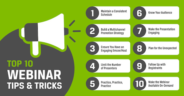 Infographic listing top 10 webinar tips and tricks