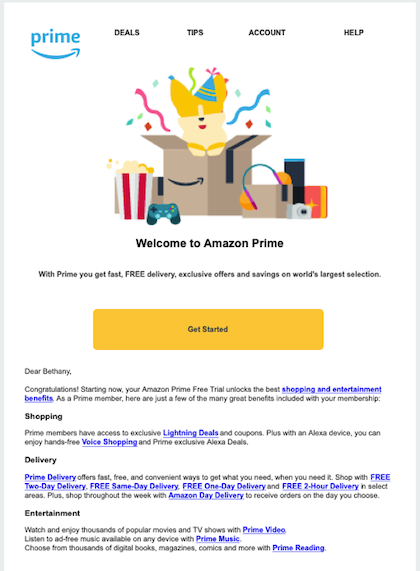 Example of welcome email best practices from Amazon