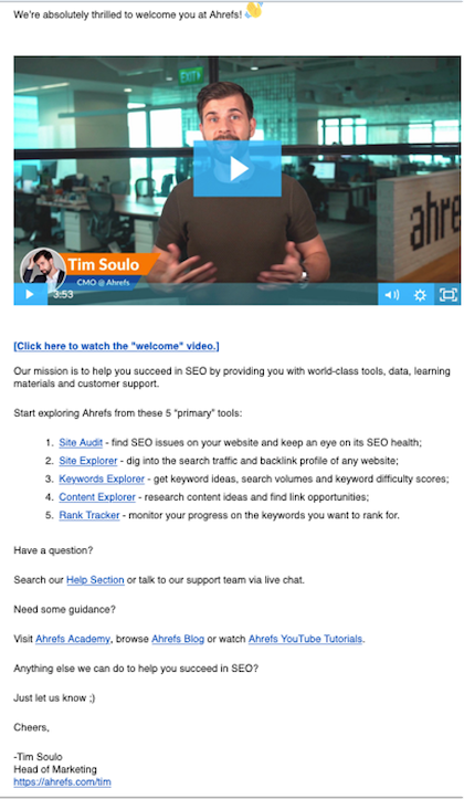 Example of welcome email best practices from Ahrefs