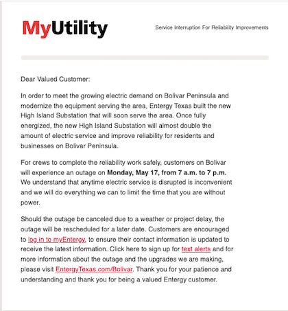 Example of utility communications for planned power outage