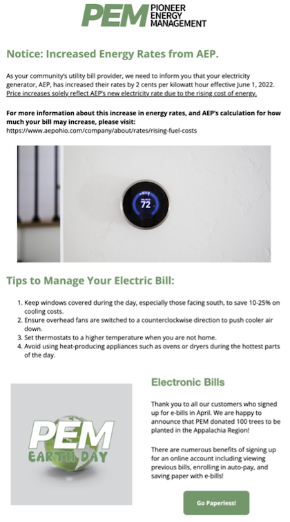 Example of email communicating utility rate change to customers