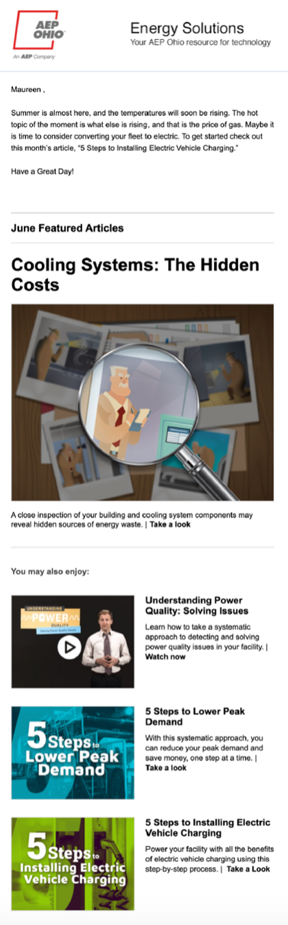 Example of newsletter educating utility customers about rising energy costs