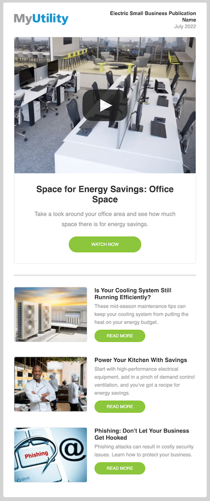 Example of email newsletter with video for energy utility business customers