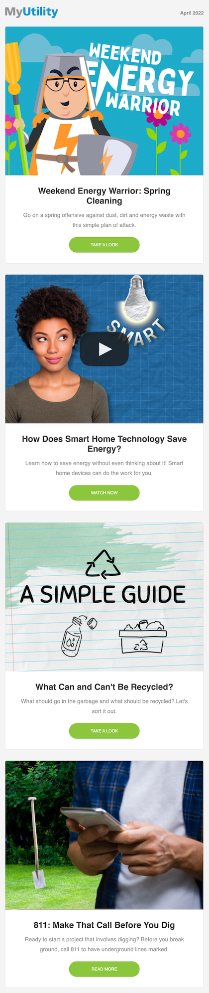 Example of energy utility email newsletter with animated and live action video content