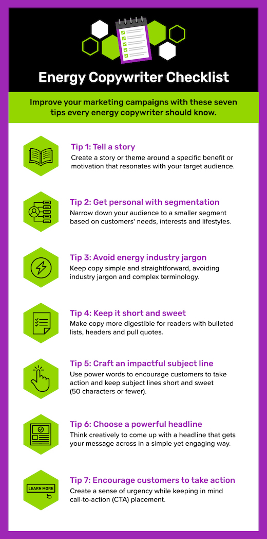 Chart listing the best practices for an energy copywriter