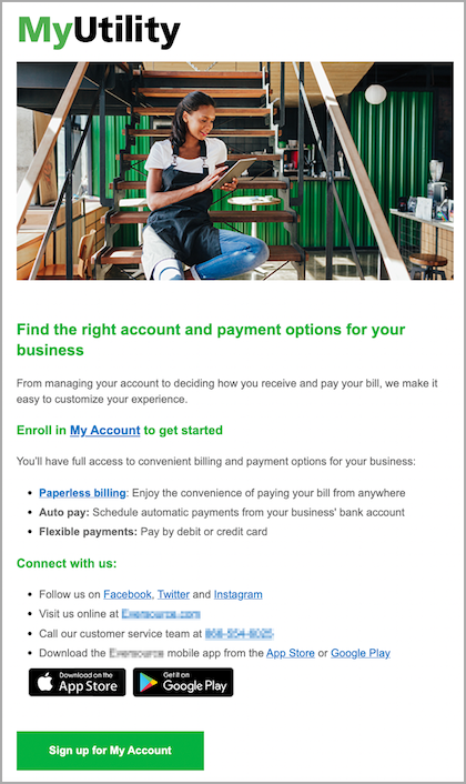 Example of marketing email to business customers to promote My Account enrollment