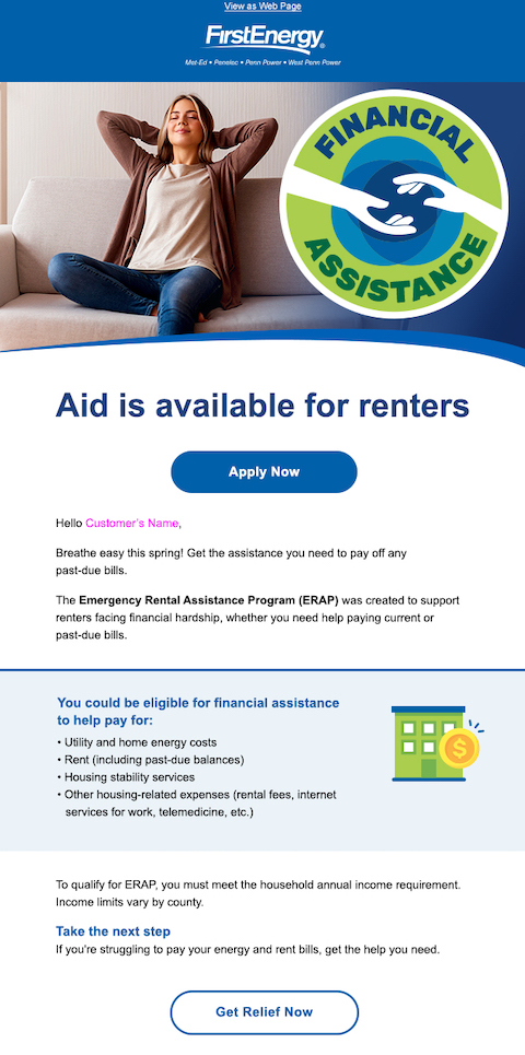 Sample email promoting low-income assistance programs to utilities LMI customers