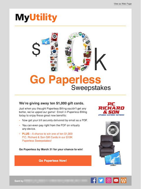 Example of email promoting paperless way of paying utilities with incentive