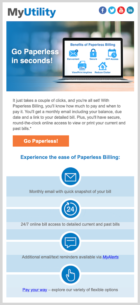 Example of email promoting paperless way of paying utilities with simple enrollment
