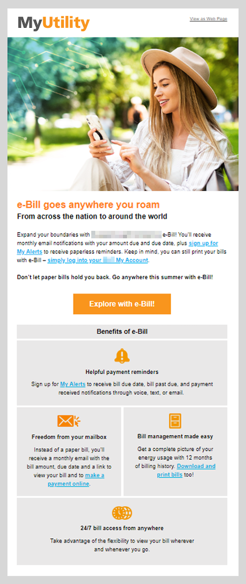 Example of email promoting paperless way of paying utilities with benefits