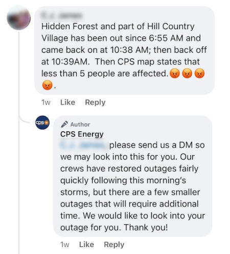 Example of municipal utility responding in Facebook comments to answer customer question