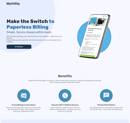 Example of an automated landing page to capture paperless billing conversions and achieve utility operational goals.